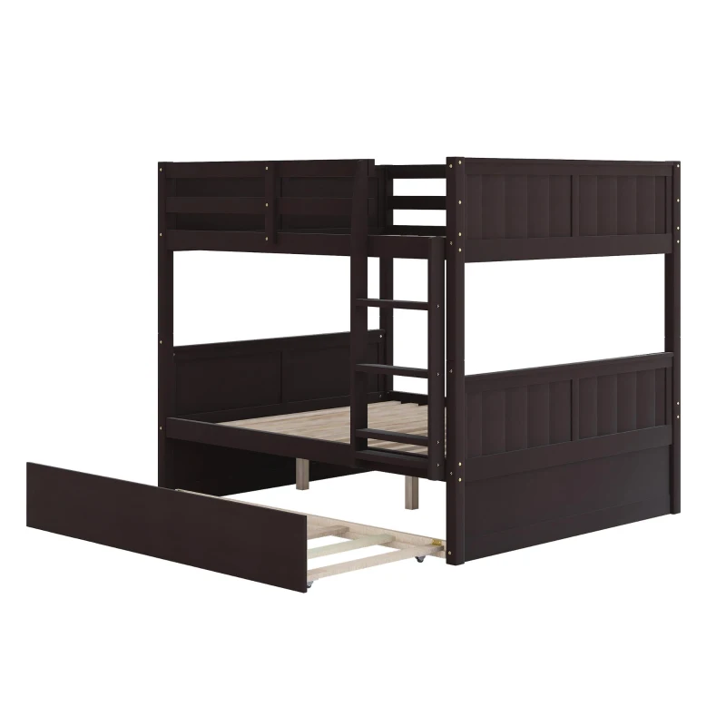 Full-Over-Full Bunk Bed with Pullout Trundle, Space-Saving Bed Frame with 2 Separate Beds, 79.5" L x 57" W x 60" H, Espresso
