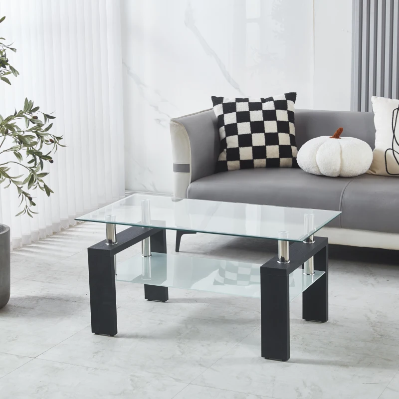 Modern 2-Tier Glass Coffee Table with Double-Layer Clear Top, Space-Saving Center Table with Sturdy Supporting Legs, 34.5'' L x 19'' W x 16.5'' H, Black
