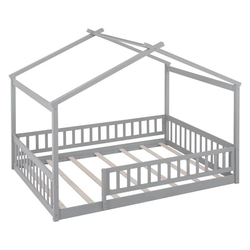 Full Size Wood House Bed with Roof and Fence, Sturdy Pinewood Bed Frame for Kids and Teens, 79.5" L x 57" W x 63" H, Gray