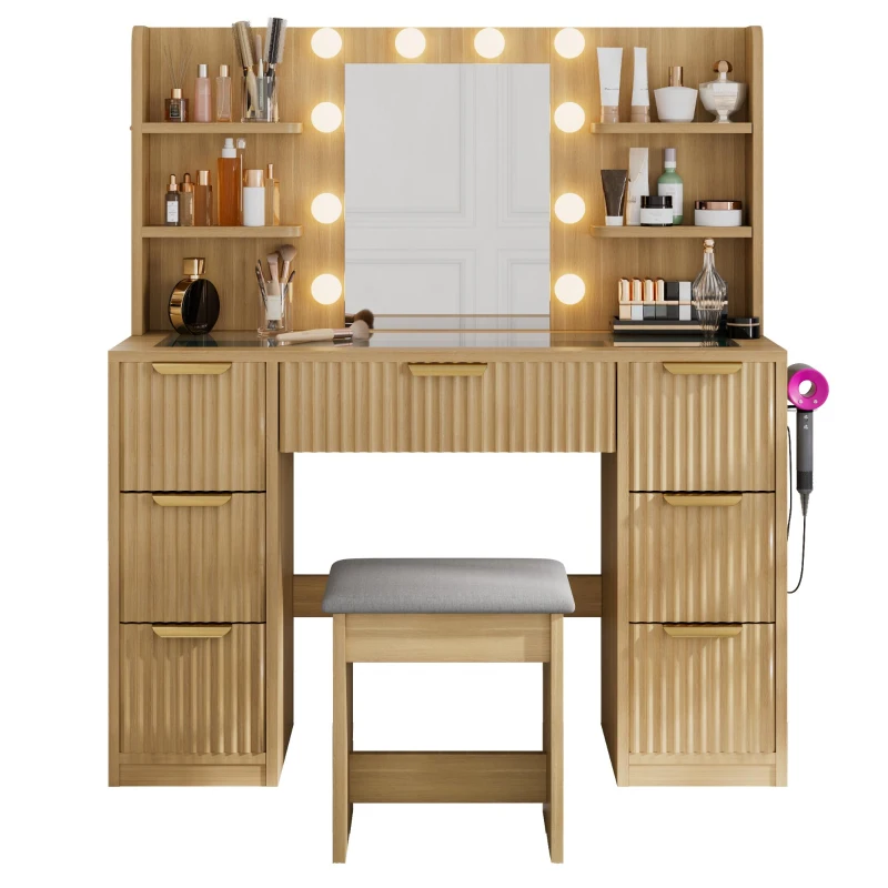 Spacious Makeup Vanity Desk with 3 Shelves and 7 Drawers, Functional Makeup Vanity with LED Mirror, 47" L x 15.5" W x 53.5" H, Natural Wood