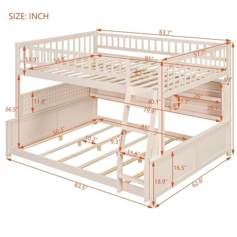Full XL Over Queen Bunk Bed with Built-In Storage Shelf and Safety Rope, Useful Bed Frame with Pegboard Side Panel, 83.5" L x 62.5" W x 59" H, Beige