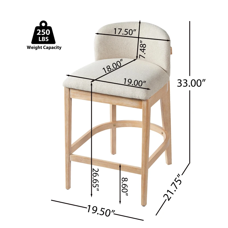 Counter Height Bar Stool Set with Foam Upholstered Seat, Modern Bar Chairs with Ergonomic Curved Backrest, 19.5'' L x 21.5'' W x 33'' H, Beige+Natural