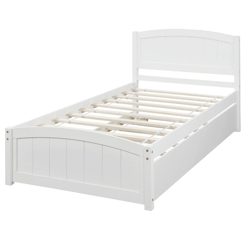 Space-Savimg Twin Size Wood Platform Bed with Roll-Out Trundle, Solid Bed Frame with 10 Supporting Slats, 79.5" L x 41.5" W x 37.5" H, White