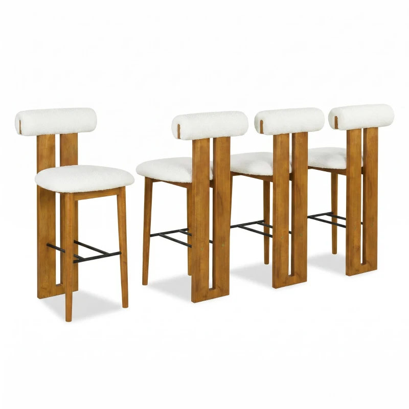 Plush Sherpa Bar Stool Set of 4 with High-Resilience Foam, Indoor Bar Chairs with Premium Rubber Wood Frame, 19'' L x 23'' W x 43'' H, Walnut+White