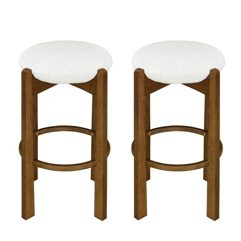Indoor Bar Stools with Solid Rubberwood Frame, Non-Swivel Bar Chairs with Upholstered Round Seat, 19.5'' L x 19.5'' W x 30'' H, Ivory+Walnut