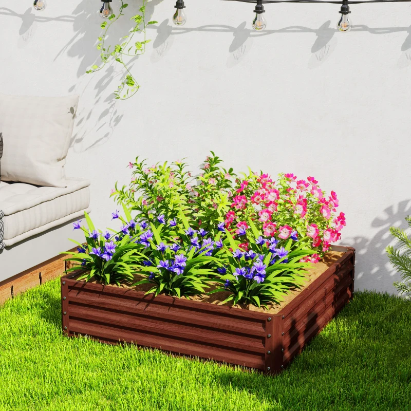 Outsunny 4' x 4' x 1' Raised Garden Bed Galvanized Steel Planter Box for Vegetables, Flowers, Herbs, Dark Brown Wood Effect