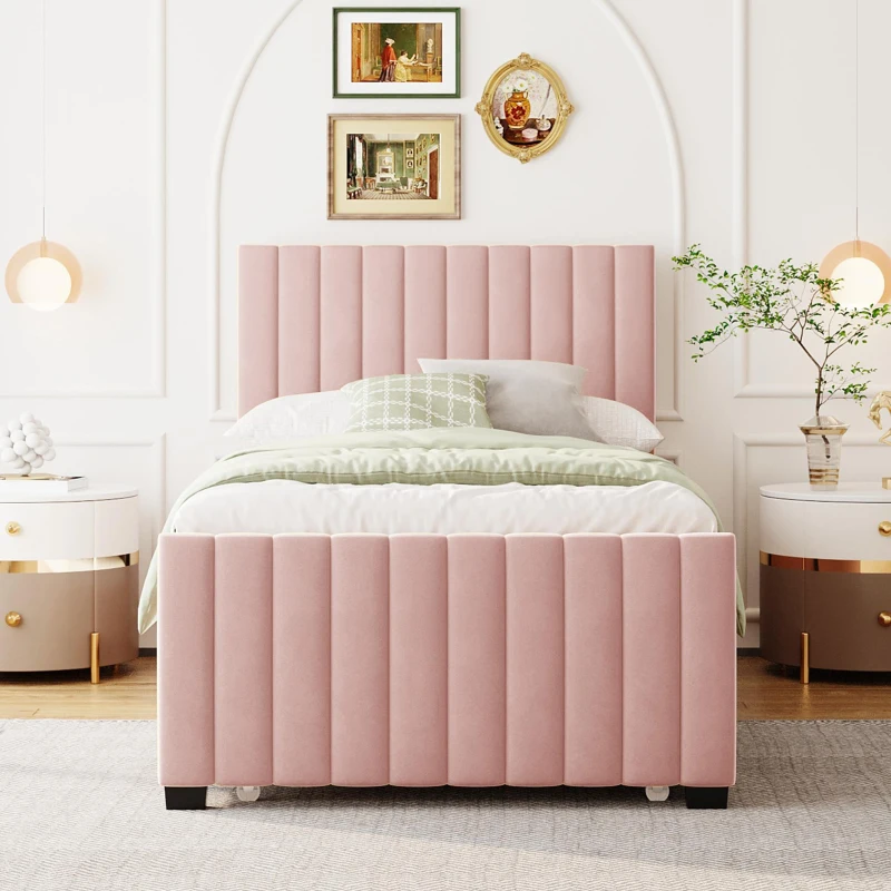 Space-Saving Twin Size Upholstered Platform Bed with Trundle Under Bed, Cozy Bed Frame with Velvet Fabric, 80" L x 41.5" W x 42.5" H, Pink