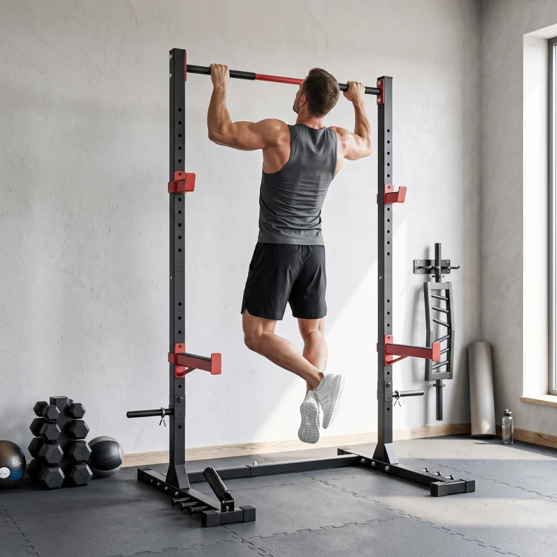 Soozier Power Cage Squat Rack, 1100 lb Capacity Power Rack with Pull-Up Bar, Adjustable Width, Adjustable J-Hooks, Safety Arms