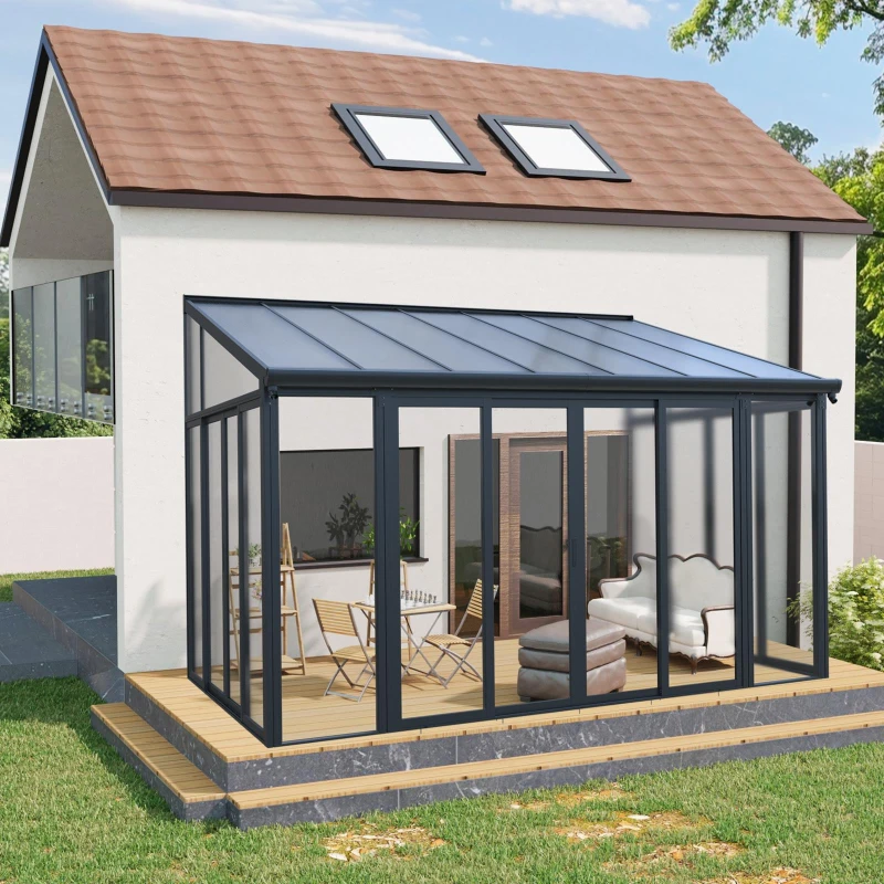 Enclosed Patio Cover with Double‑Layer Polycarbonate Roof, All‑Season Sunroom with 3 Lockable Sliding Doors, 168.5'' L x 115'' W x 123'' H, Black