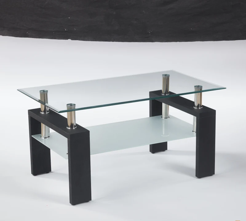 Modern 2-Tier Glass Coffee Table with Double-Layer Clear Top, Space-Saving Center Table with Sturdy Supporting Legs, 34.5'' L x 19'' W x 16.5'' H, Black