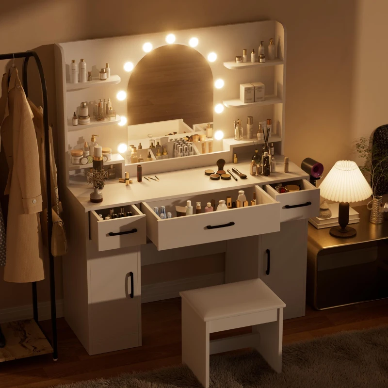Large Makeup Vanity Desk with 6 Open Shelves and 3 Drawers, Functional Makeup Vanity with Dimmable LED Mirror, 44.5" L x 14" W x 55" H, White