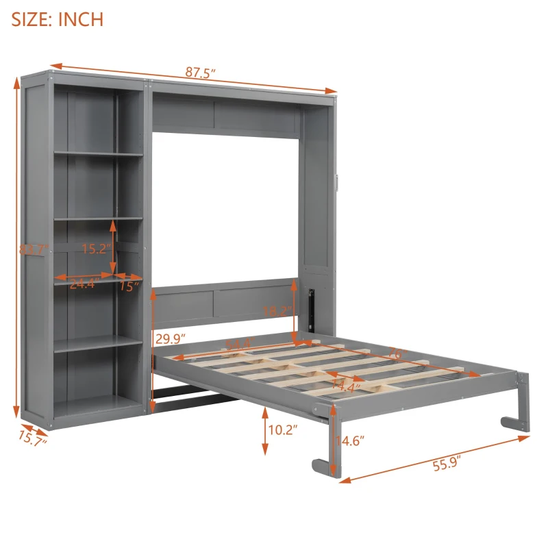 Space-Saving Murphy Bed with 5-layer Folded Cabinet, Solid Murphy Bed Frame with 600 lbs Weight Capacity, 87.5" L x 15.5" W x 83.5" H, Gray