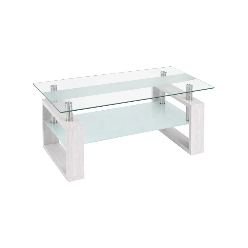 Modern Glass Coffee Table with Wood-Grain MDF Legs, Minimalist Center Table with 2-Tier Storage, 34.5'' L x 18.5'' W x 17.5'' H, Transparent+White