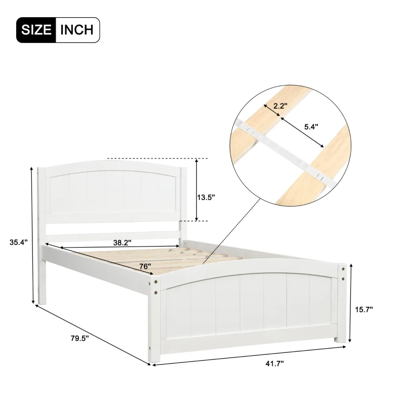 Twin Wood Platform Bed with Durable Material and Light Weight, Solid Bed Frame with 10 Evenly Spaced Slats, 79.5" L x 41.5" W x 35.5" H, White