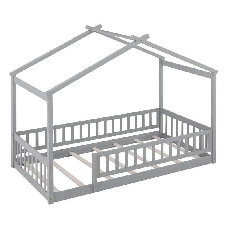 Comfortable Twin House Bed Frame with Roof and Fence, Sturdy Pinewood Platform Bed with Semi-Enclosed Space, 79.5" L x 42" W x 63" H, Gray