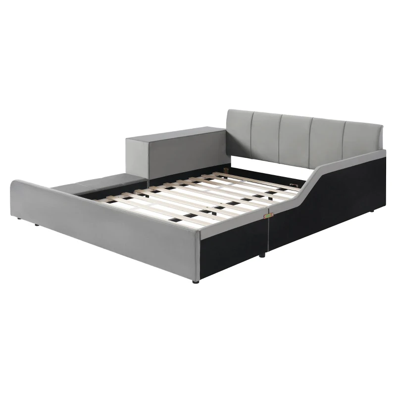 Queen-Size Upholstered Platform Bed with Bedside Desk and Stool, Cozy Bed Frame with Streamlined Structure, 84.5" L x 74" W x 28" H, Gray