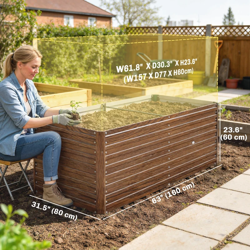 Outsunny 5' x 3' x 2' Raised Garden Bed, Galvanized Planter Box for Growing Flowers, Herbs and Vegetables Dark Brown Wood Effect