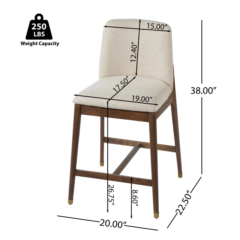 Counter Height Bar Stool Set of 2 with Premium Rubberwood, Modern Bar Chairs with Metal-Tipped Feet, 20'' L x 22.5'' W x 38'' H, Beige+Walnut
