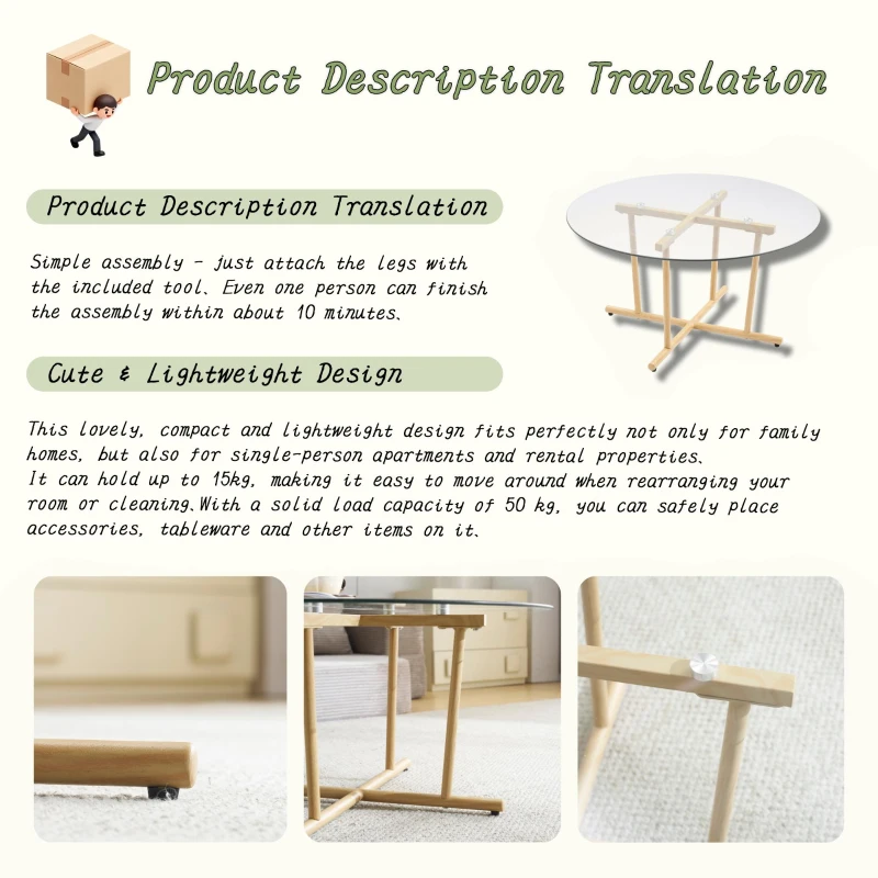 Round Tempered Glass Coffee Table with Solid Iron Legs, Modern Center Table with Stable Frame, 27.5'' L x 27.5'' W x 14.5'' H, Natural+Transparent