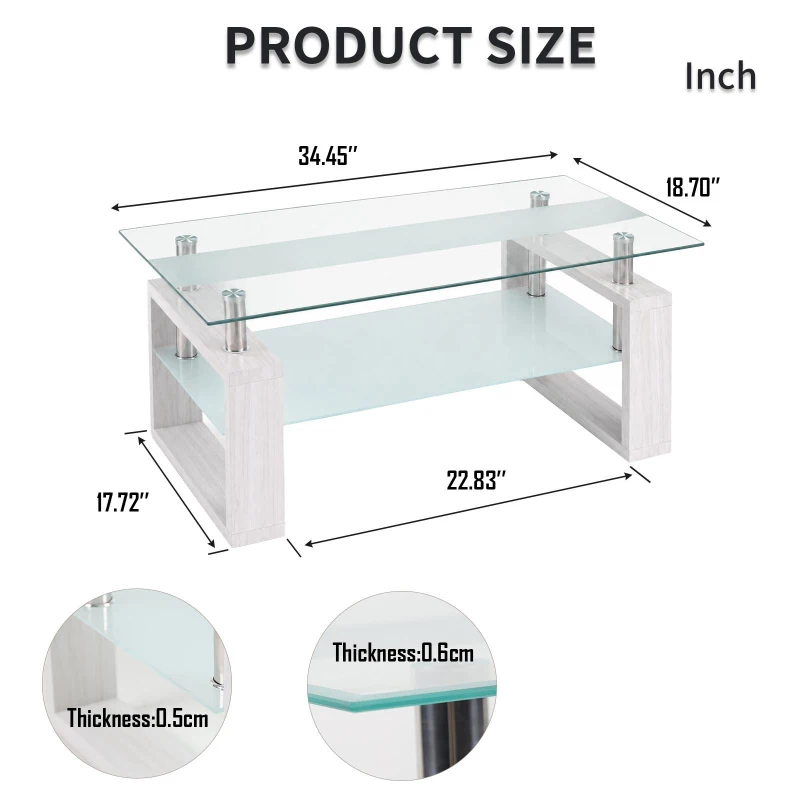 Modern Glass Coffee Table with Wood-Grain MDF Legs, Minimalist Center Table with 2-Tier Storage, 34.5'' L x 18.5'' W x 17.5'' H, Transparent+White