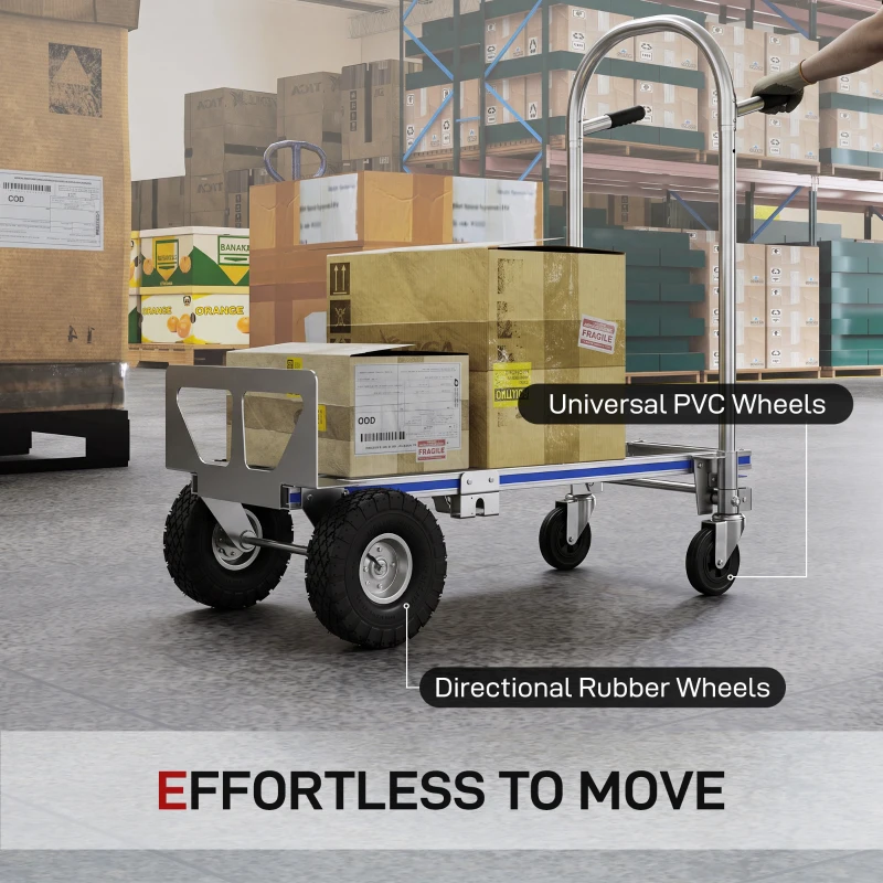 Soozier 4-Wheel/2-Wheel Cargo Cart, 2-in-1 Folding Hand Truck with Aluminum Alloy Frame and Steel Handle, Capacity, Silver Tone