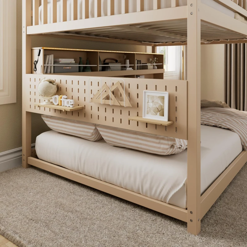 Full Over Full Bunk Bed with Convenient Storage Headboard, Unique Bed Frame with Multi-Color Light Strip, 79" L x 57.5" W x 57" H, Beige