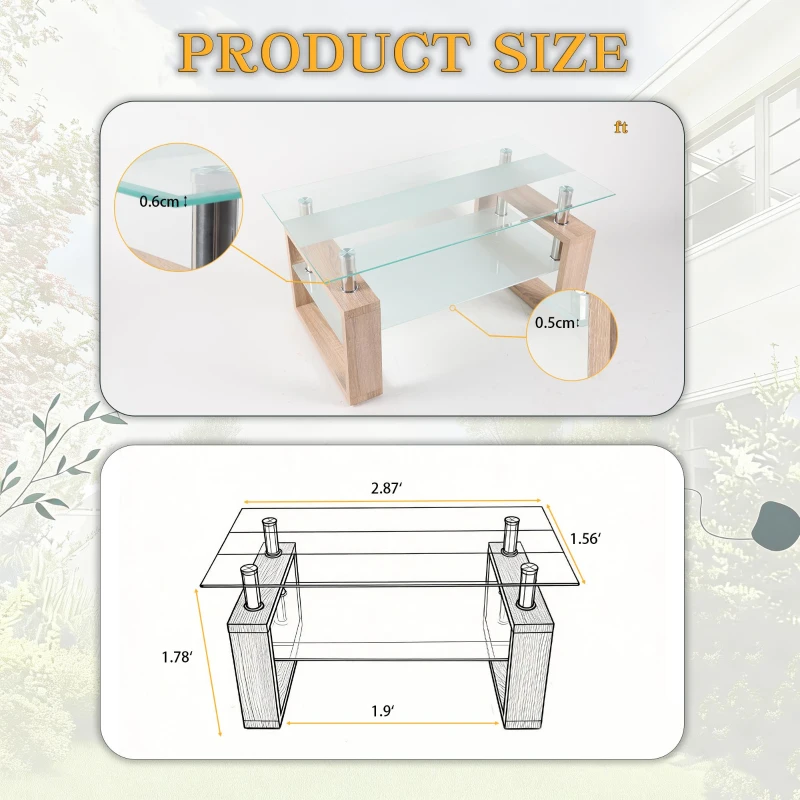 Modern Glass Coffee Table with Wood-Grain MDF Legs, Minimalist Center Table with 2-Tier Storage, 34.5'' L x 18.5'' W x 17.5'' H, Natural+Transparent