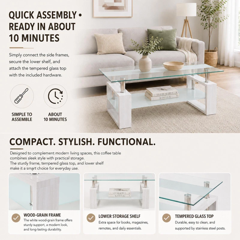 Modern Glass Coffee Table with Wood-Grain MDF Legs, Minimalist Center Table with 2-Tier Storage, 34.5'' L x 18.5'' W x 17.5'' H, Transparent+White