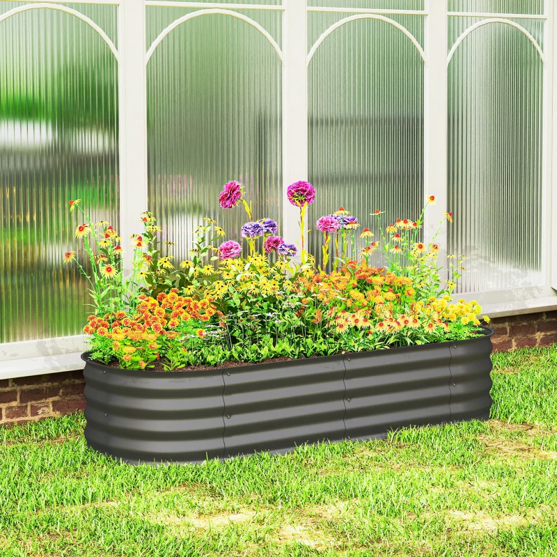 Outsunny 4.9 x 2 x 1ft Galvanized Raised Garden Bed Kit, Metal Planter Box with Safety Edging, Dark Grey