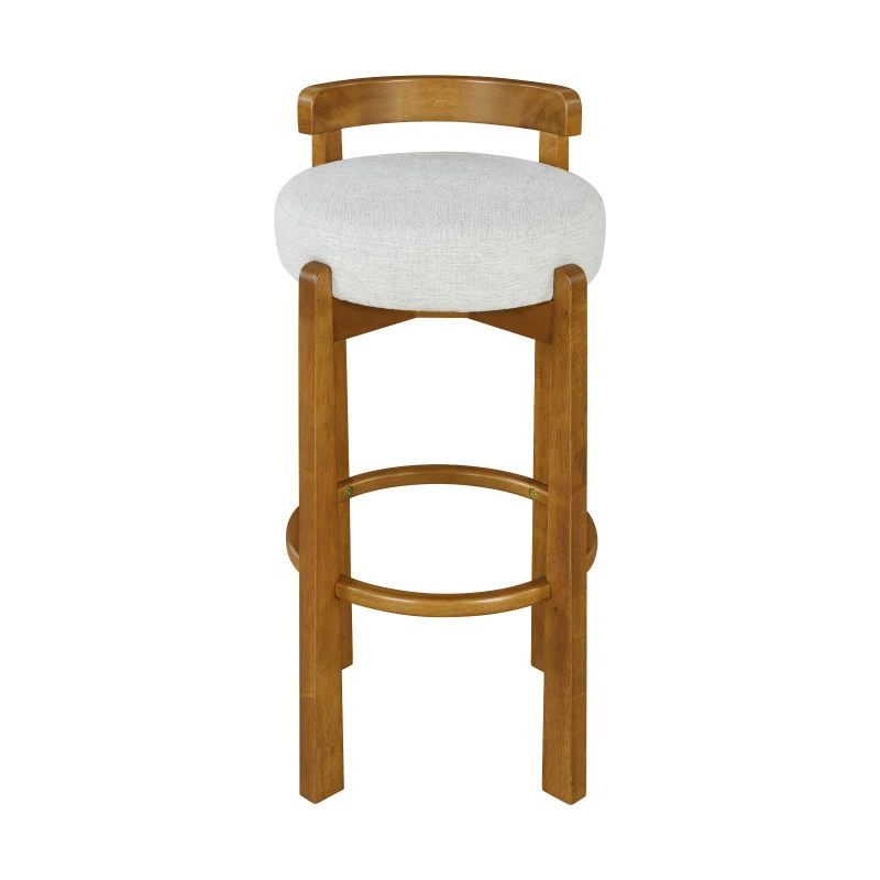 Modern Round Seat Bar Stools with Ergonomic Curved Backrest, Sherpa Padded Chairs with Integrated Footrest, 16'' L x 16.5'' W x 34'' H, Ivory+Walnut
