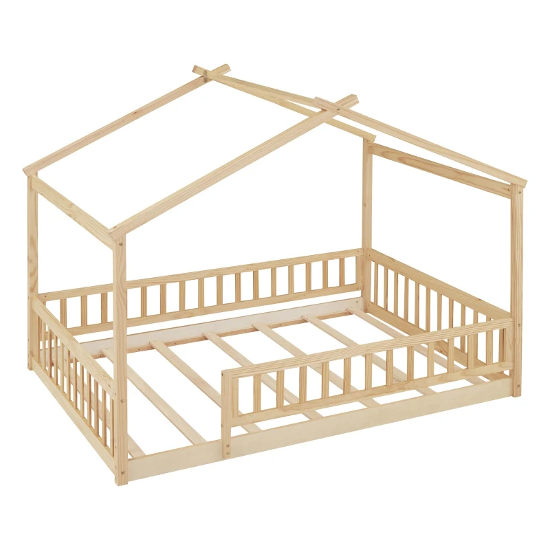Full Size Wood House Bed with Roof and Fence, Sturdy Pinewood Bed Frame for Kids and Teens, 79.5" L x 57" W x 63" H, Natural