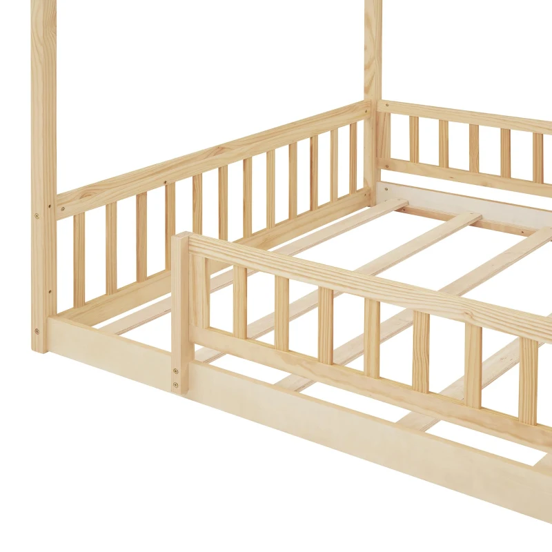 Full Size Wood House Bed with Roof and Fence, Sturdy Pinewood Bed Frame for Kids and Teens, 79.5" L x 57" W x 63" H, Natural