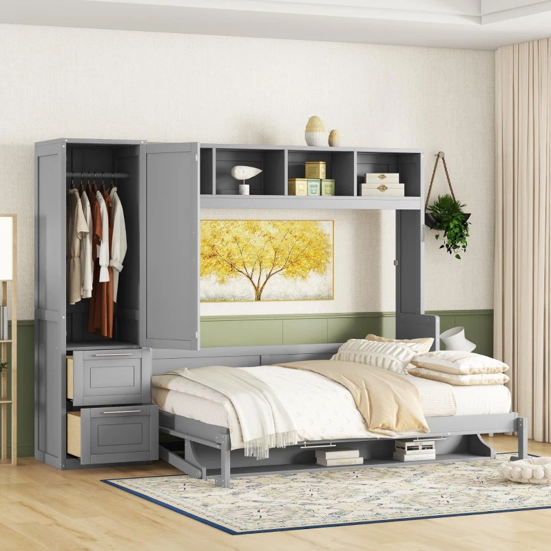 Queen Size Murphy Wall Bed with Storage Shelf, Space‑Saving Bed Frame with Integrated Closet and 2 Drawers, 112" L x 65" W x 78.5" H, Gray