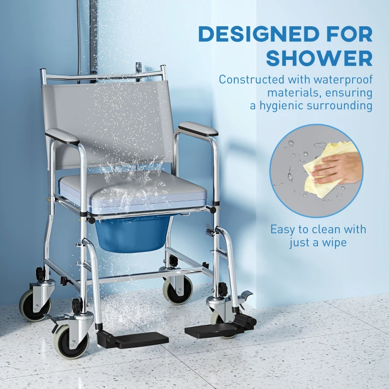 HOMCOM Rolling Shower Chair, Bedside Commode Wheelchair with Padded Seat, Backrest, for Seniors, Disabled, 300 lbs, Grey