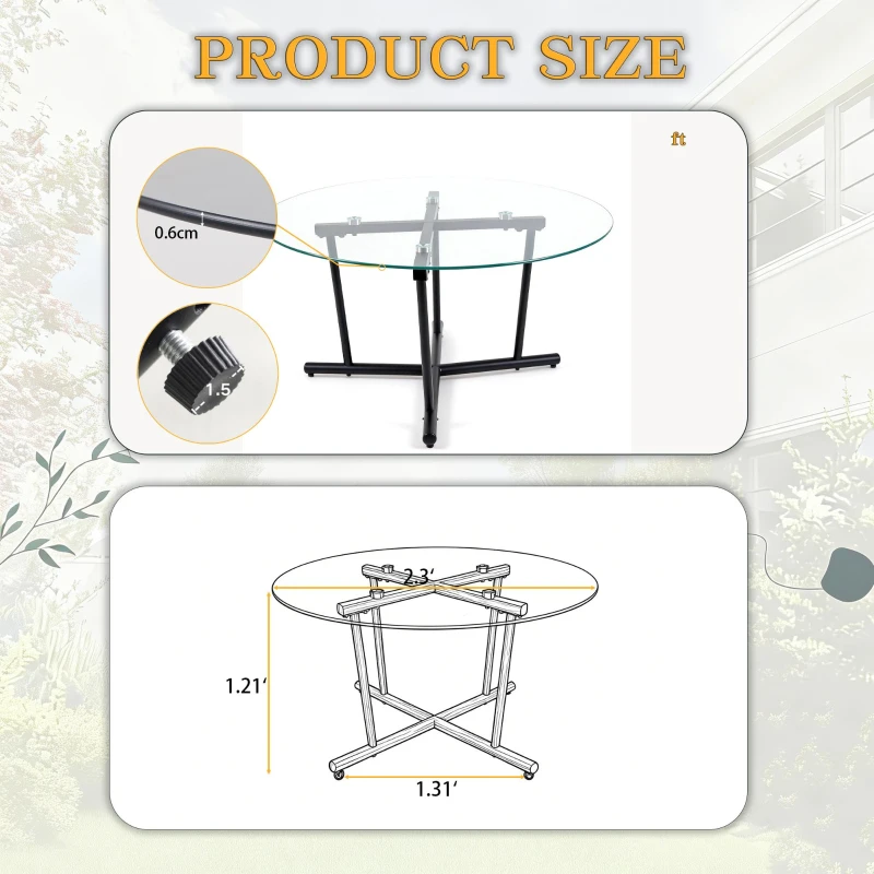 Round Tempered Glass Coffee Table with Solid Iron Legs, Modern Center Table with Stable Frame, 27.5'' L x 27.5'' W x 14.5'' H, Black+Transparent