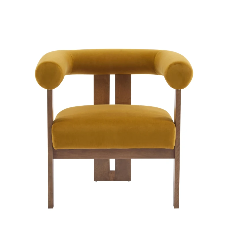 Round Arm Accent Chair with Velvet Upholstery, Curved Backrest Armchair with Solid Birch Wood Base, 31'' L x 29'' W x 30'' H, Mustard Yellow+Walnut