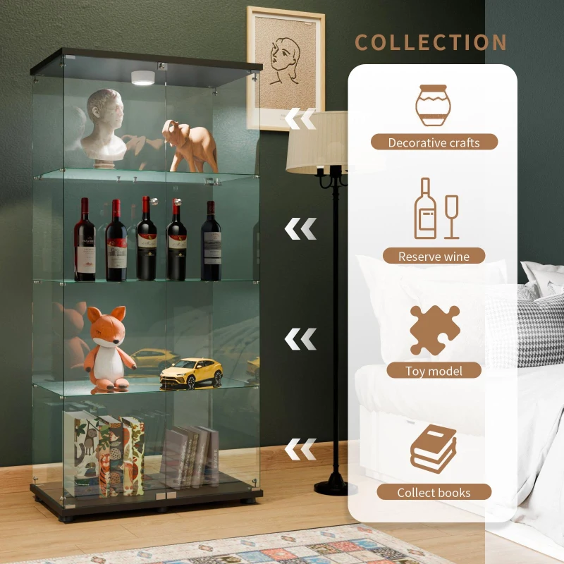 Solid Glass Floor-Standing Showcase with Built-In LED Lighting, LED Glass Display Cabinet with Lockable Doors, 31.5'' L x 14.5'' W x 64.5'' H, Black