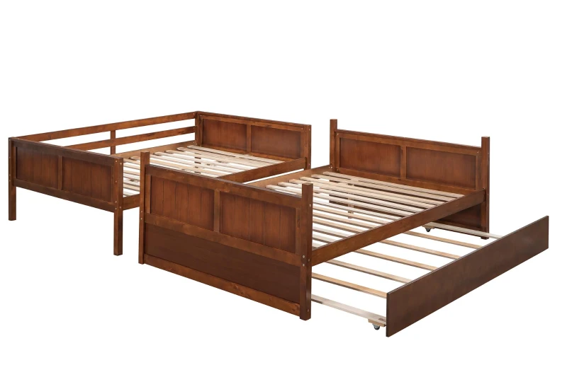 Full-Over-Full Bunk Bed with Pullout Trundle, Space-Saving Bed Frame with 2 Separate Beds, 79.5" L x 57" W x 60" H, Walnut