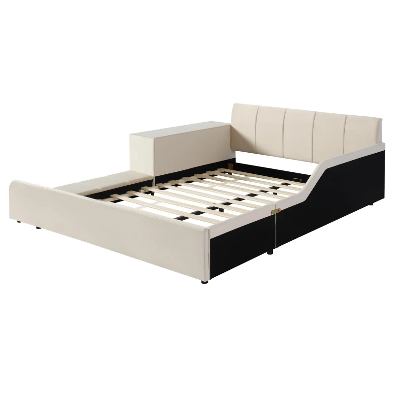 Queen-Size Upholstered Platform Bed with Bedside Desk and Stool, Cozy Bed Frame with Streamlined Structure, 84.5" L x 74" W x 28" H, Beige