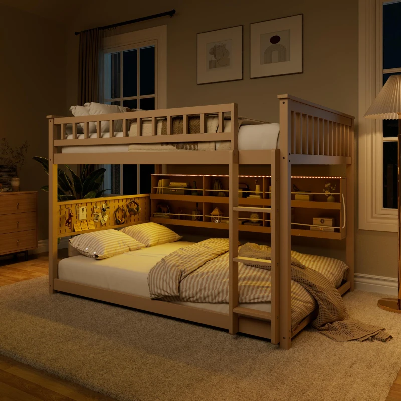 Full Over Full Bunk Bed with Convenient Storage Headboard, Unique Bed Frame with Multi-Color Light Strip, 79" L x 57.5" W x 57" H, Beige
