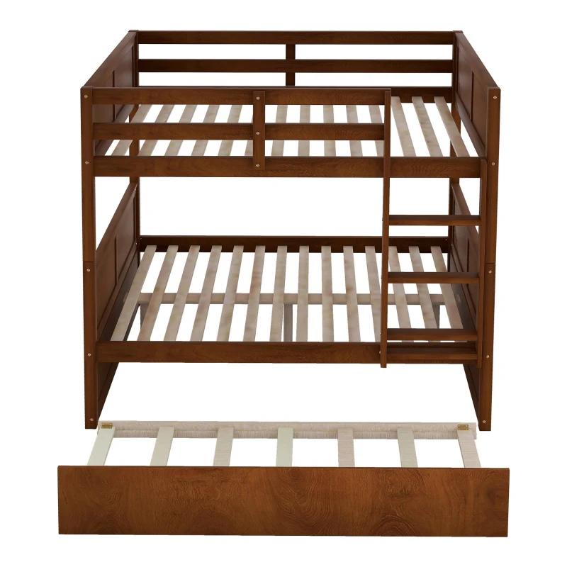 Full-Over-Full Bunk Bed with Pullout Trundle, Space-Saving Bed Frame with 2 Separate Beds, 79.5" L x 57" W x 60" H, Walnut