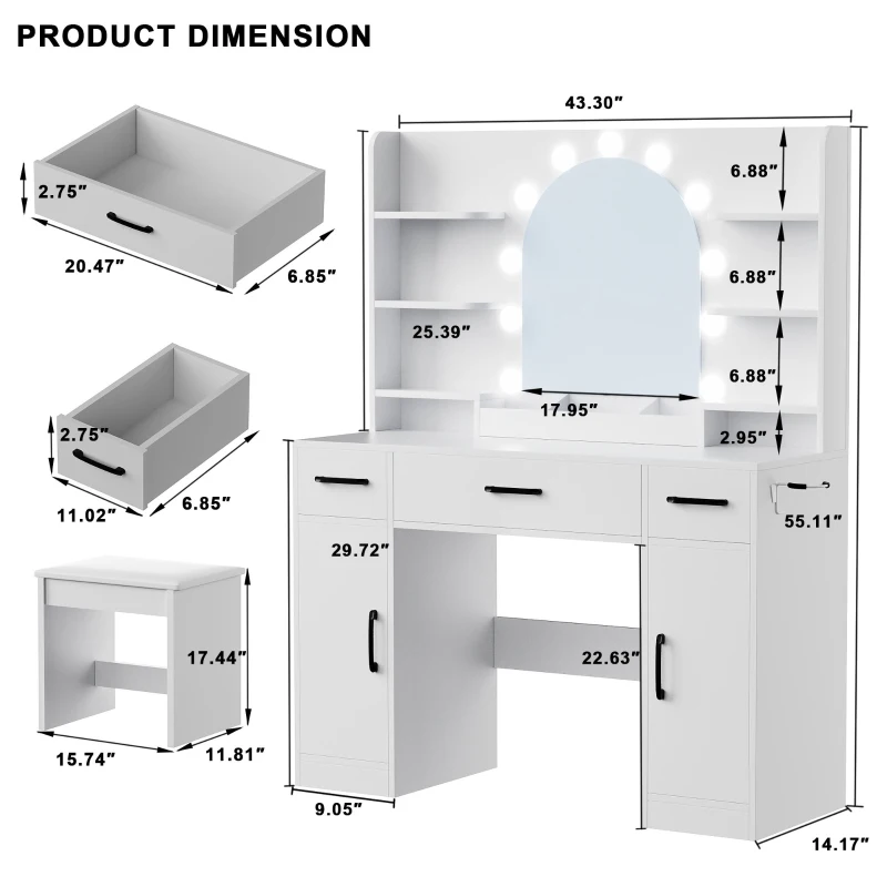 Large Makeup Vanity Desk with 6 Open Shelves and 3 Drawers, Functional Makeup Vanity with Dimmable LED Mirror, 44.5" L x 14" W x 55" H, White