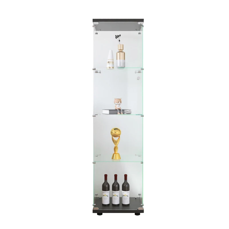 Glass Display Cabinet with Adjustable Feet and Safety Bumpers, Floor-Standing Curio Bookshelf with Tempered Glass, 16.5'' L x 14.5'' W x 64.5'' H, Black