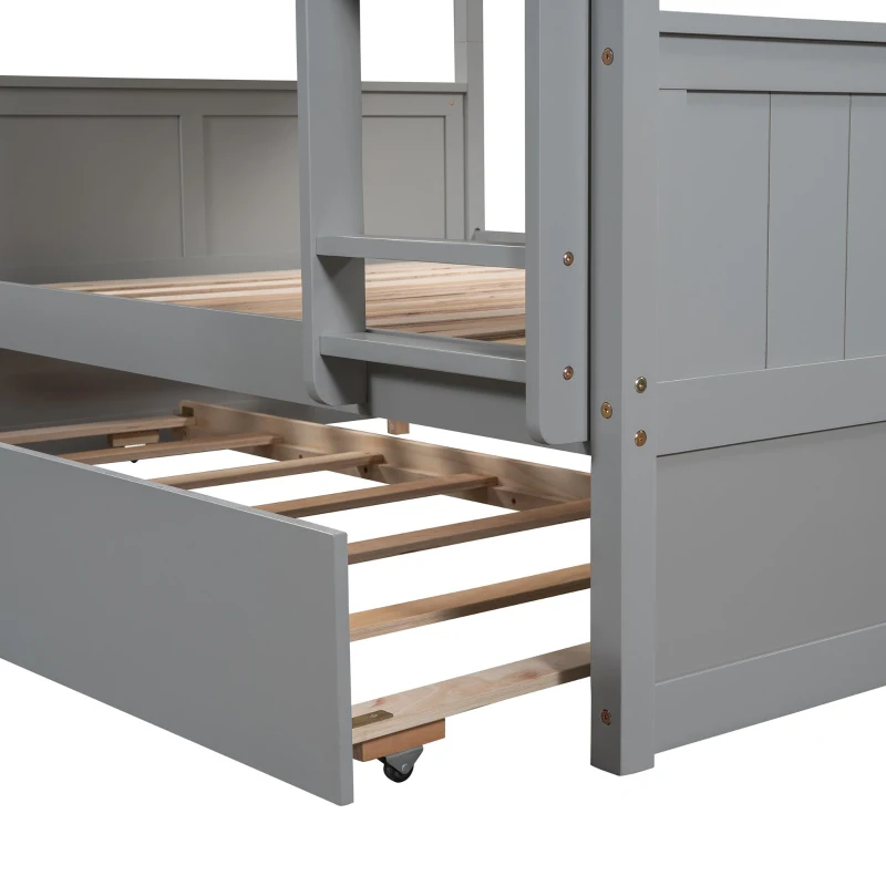 Full-Over-Full Bunk Bed with Space-Saving Pullout Trundle, Space-Saving Bed Frame with 2 Separate Beds, 79.5" L x 57" W x 60" H, Gray