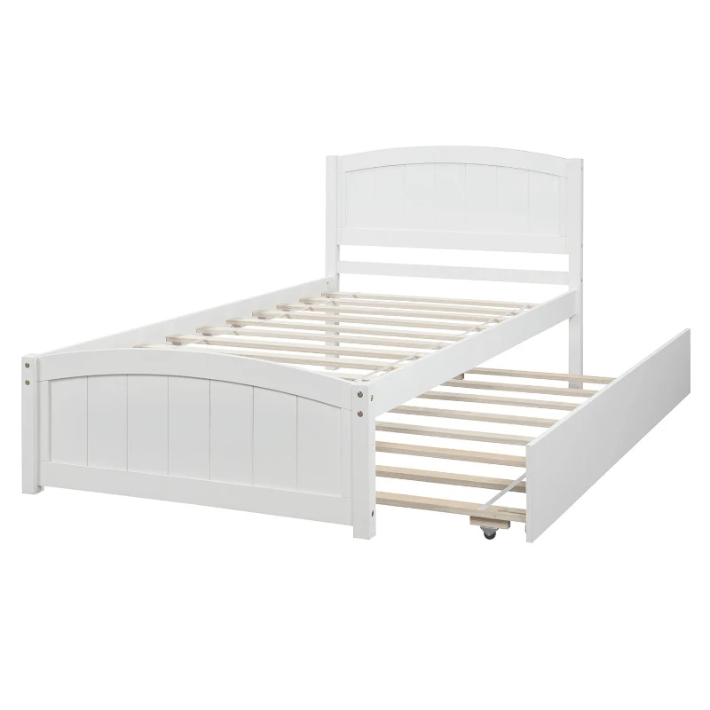 Space-Savimg Twin Size Wood Platform Bed with Roll-Out Trundle, Solid Bed Frame with 10 Supporting Slats, 79.5" L x 41.5" W x 37.5" H, White