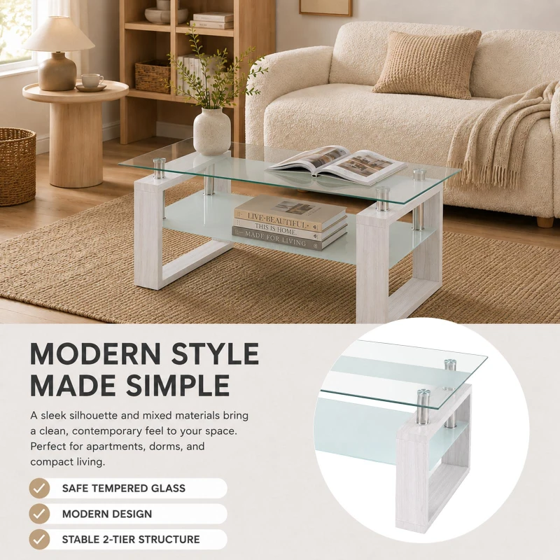 Modern Glass Coffee Table with Wood-Grain MDF Legs, Minimalist Center Table with 2-Tier Storage, 34.5'' L x 18.5'' W x 17.5'' H, Transparent+White
