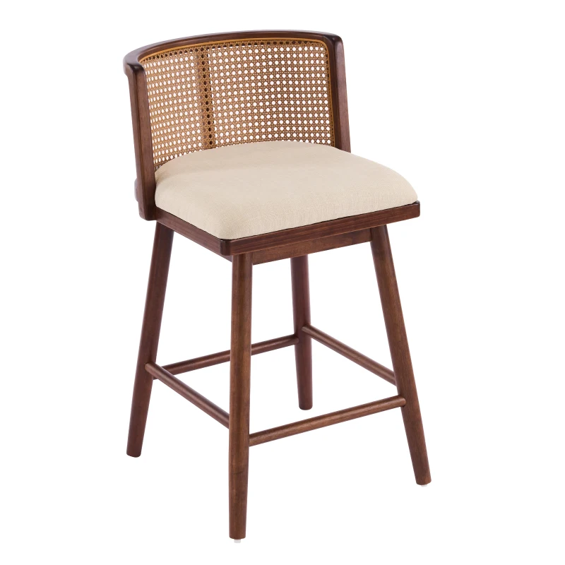 Woven Rattan Counter Chairs with Padded Upholstered Seat, Counter Height Bar Stools with Durable Frame, 19.5'' L x 21'' W x 35'' H, Beige+Walnut