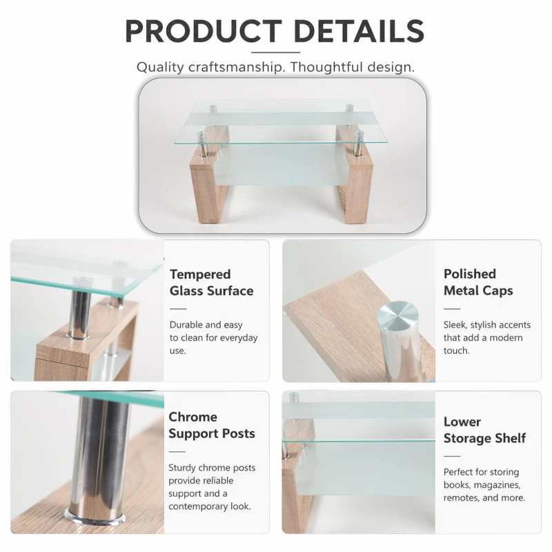 Modern Glass Coffee Table with Wood-Grain MDF Legs, Minimalist Center Table with 2-Tier Storage, 34.5'' L x 18.5'' W x 17.5'' H, Natural+Transparent