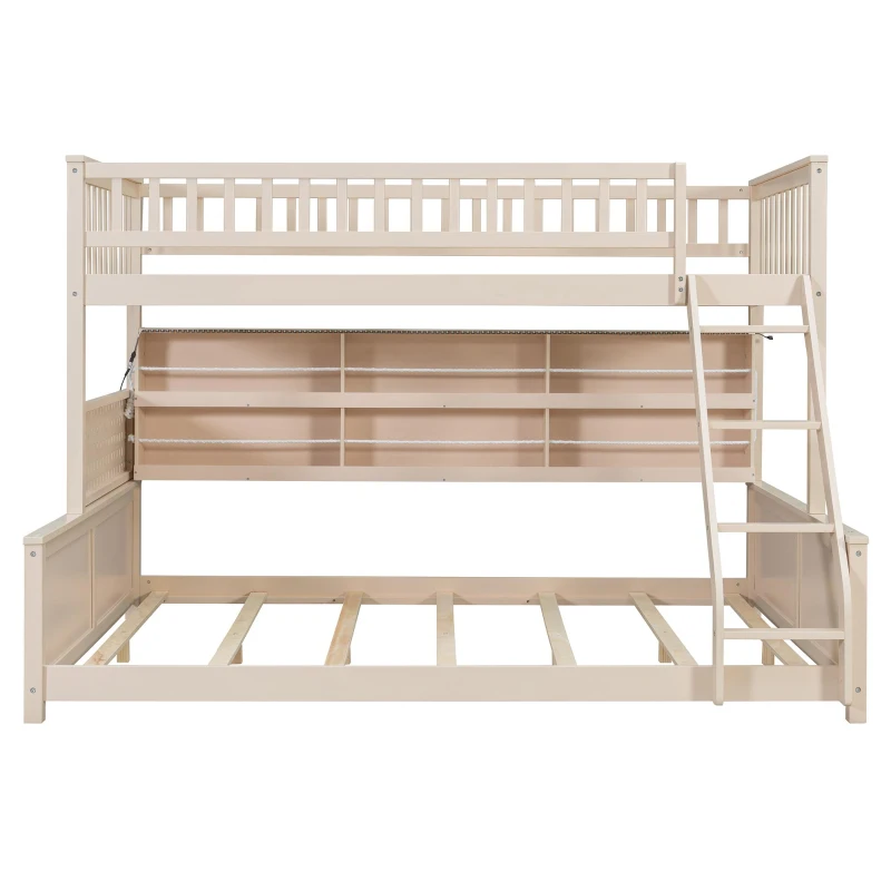 Twin XL Over Queen Bunk Bed with Built-In Storage Shelf and Safety Rope, Useful Bed Frame with Pegboard Side Panel, 83.5" L x 62.5" W x 59" H, Beige