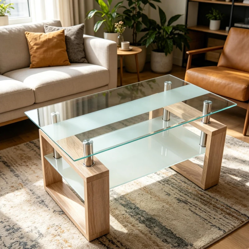 Modern Glass Coffee Table with Wood-Grain MDF Legs, Minimalist Center Table with 2-Tier Storage, 34.5'' L x 18.5'' W x 17.5'' H, Natural+Transparent